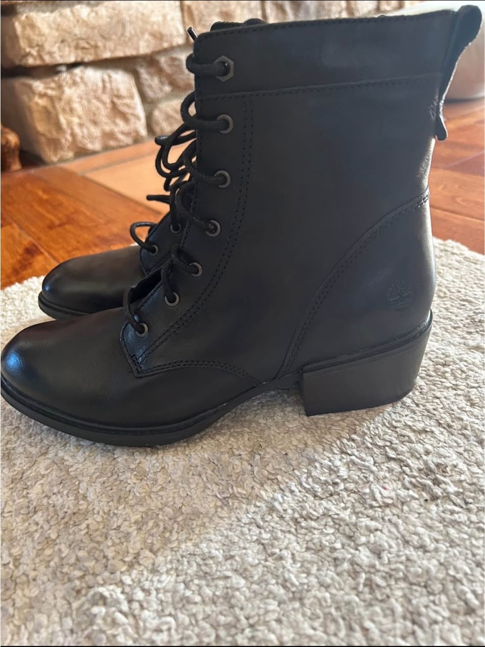 Timberland Black Leather Lace-Up Ankle Boots with Low Block Heel